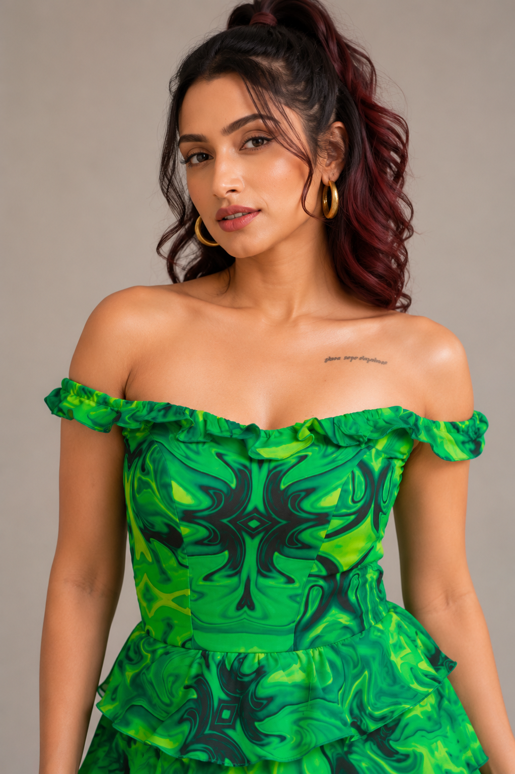 ALL OVER GREEN SWIRL RUFFLE DRESS
