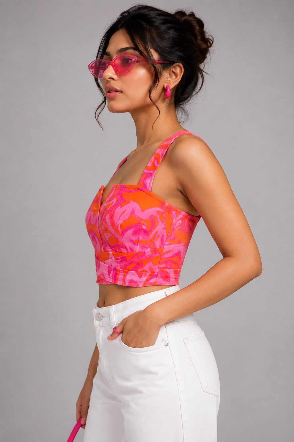 HOT	PINK SWIRL HALTER CROPPED TOP
