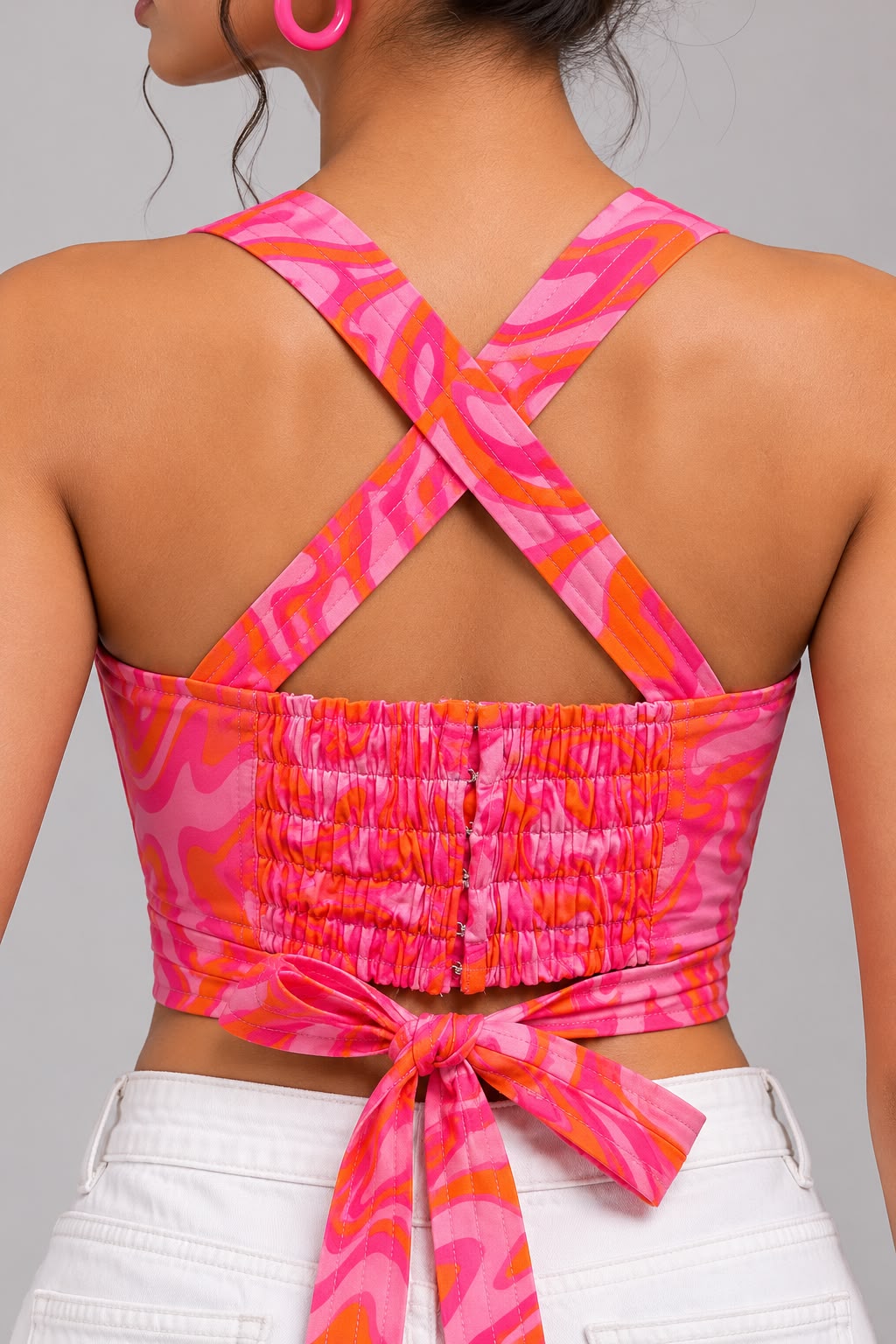 HOT	PINK SWIRL HALTER CROPPED TOP