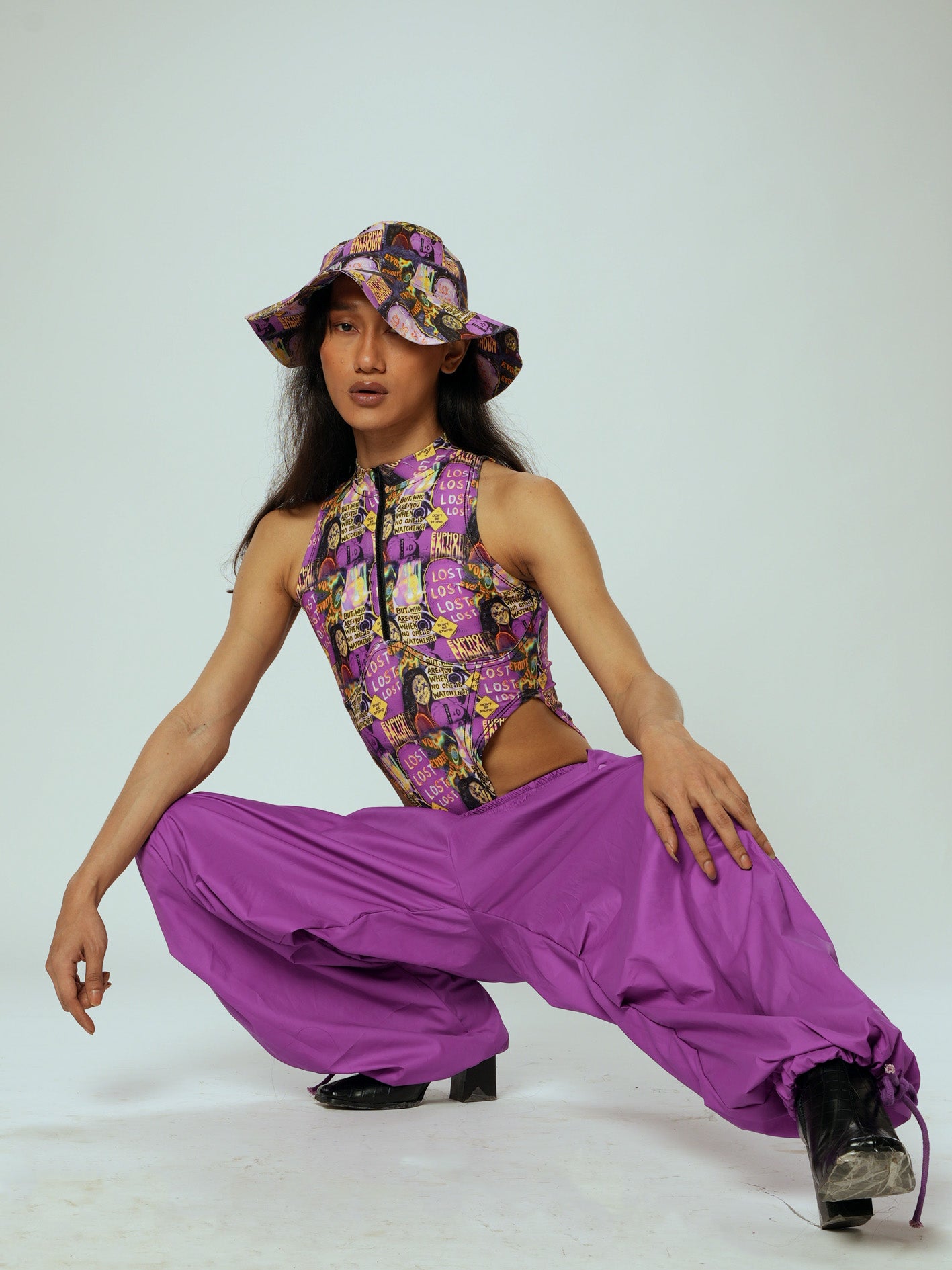 Purple drawstring parachute trousers