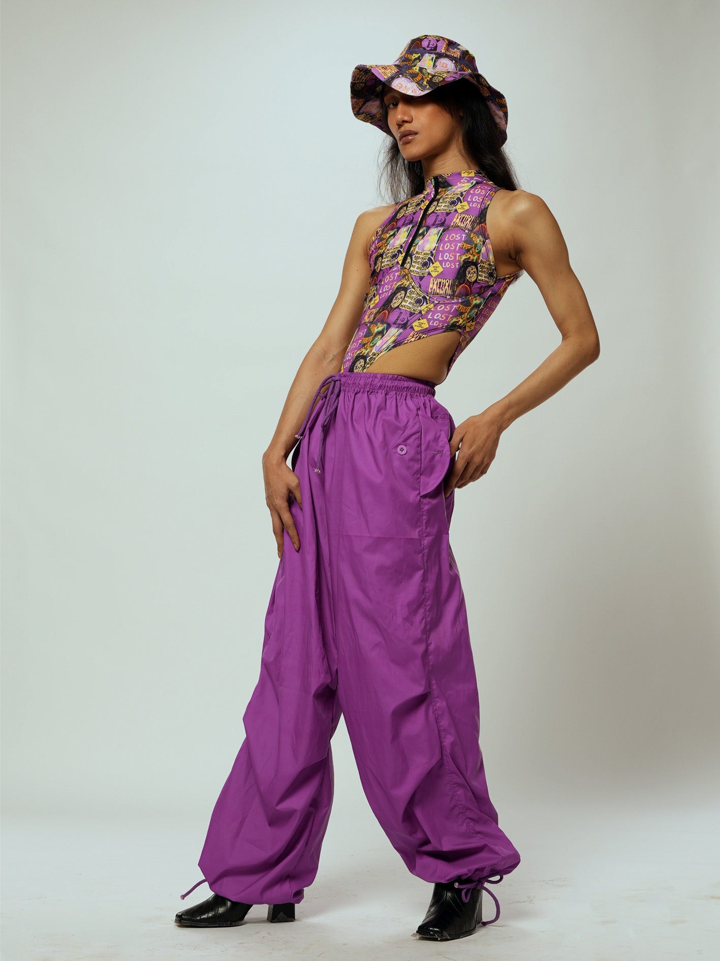 Purple drawstring parachute trousers
